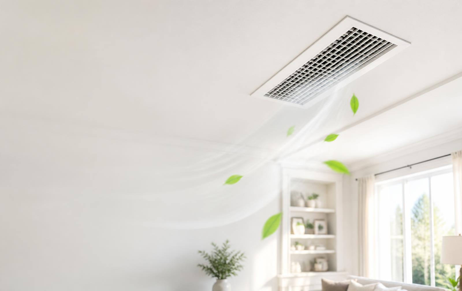 Fresh airflow from a clean ceiling air vent in a bright modern home